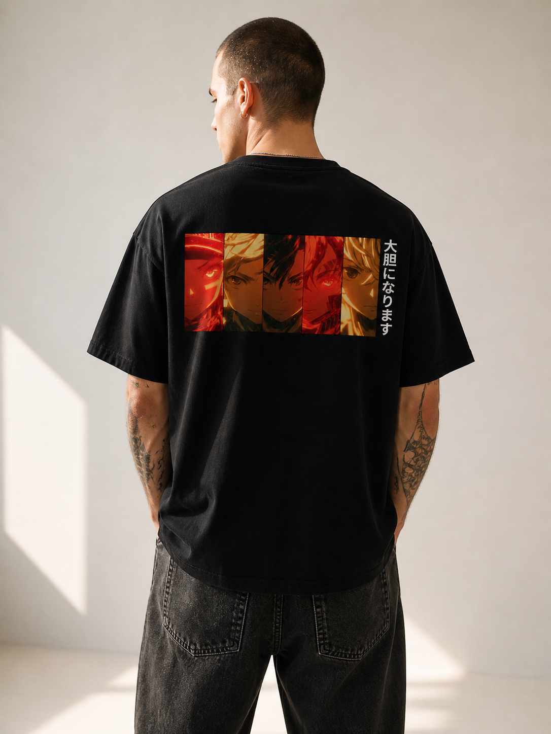 Crimson Faces – Dark Anime Panel Oversized Tee