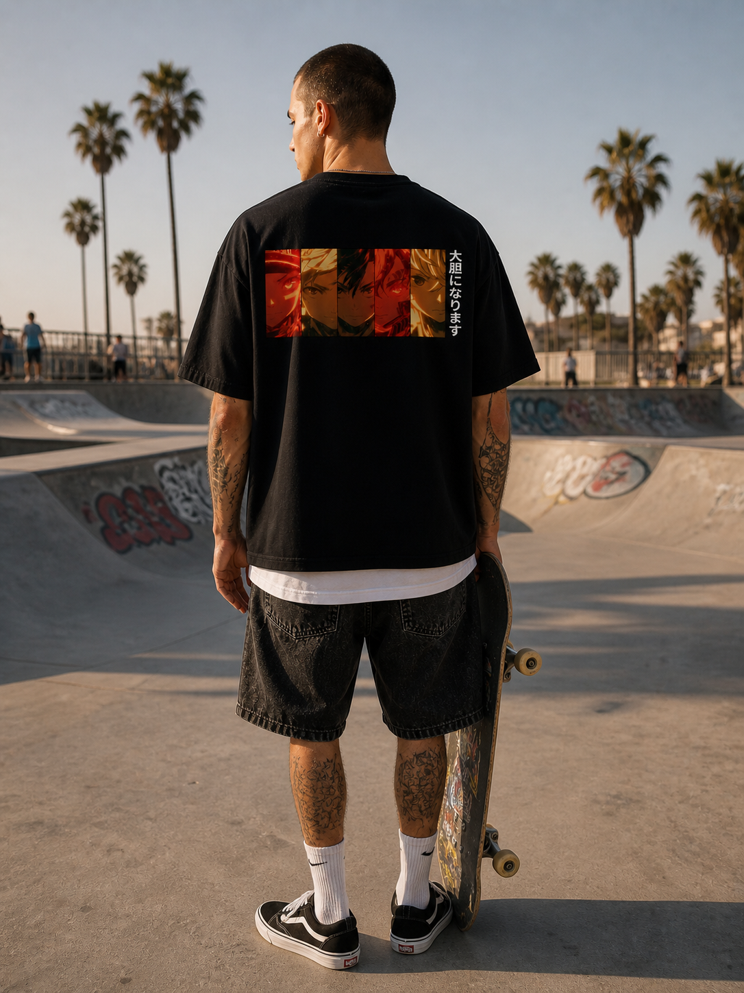Crimson Faces – Dark Anime Panel Oversized Tee